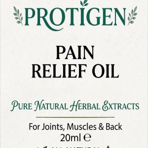Protigen Pain Relief Oil 20ml packaging label displaying pure natural herbal extracts for joints muscles and back.